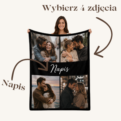 Koc 4 wspomnienia - Personalizowany kocyk z 4 zdjęciami i napisem